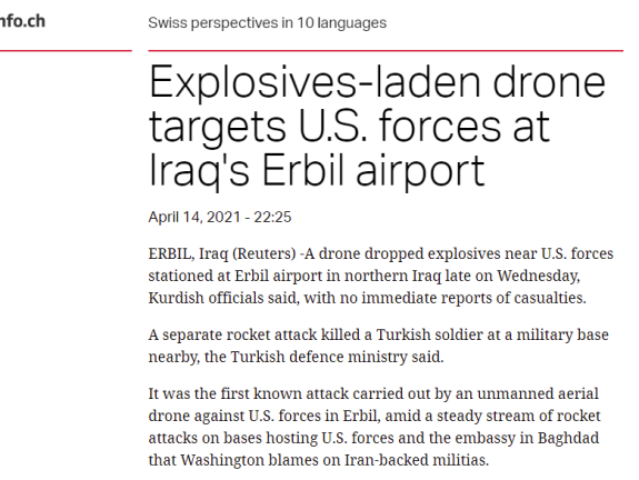 Screenshot of Swissinfo article about drone dropping explosive ordnance near US forces in Erbil, Iraq
